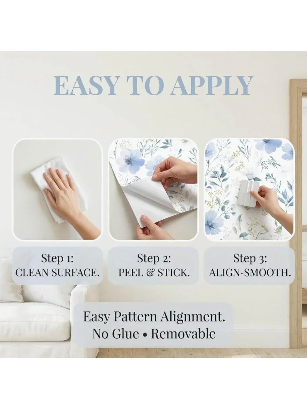 Light Blue Floral Peel and Stick Wallpaper | Self-Adhesive Removable Watercolor